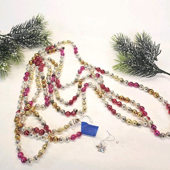 Vintage Double Bead Mercury Glass Christmas Tree Garland 100" Red Gold Silver - Picture 12 of 12